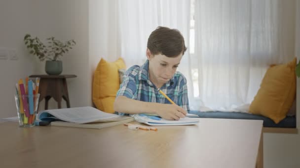 Mladý chlapec sedí doma a připravuje domácí úkoly do školy — Stock video