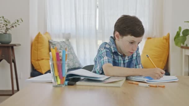 Mladý chlapec sedí doma a připravuje domácí úkoly do školy — Stock video