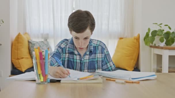 学校の宿題の準備で家に座っている若い男の子 — ストック動画