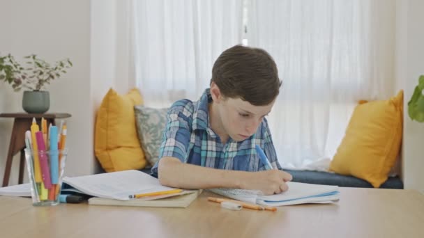 学校の宿題の準備で家に座っている若い男の子 — ストック動画