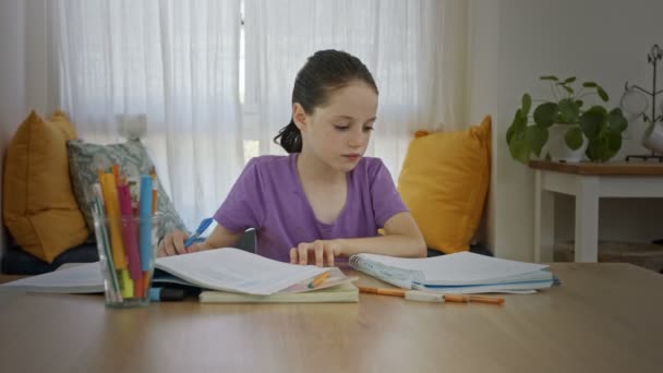 Frustrierte junge Mädchen versuchen und scheitern Hausaufgaben für die Schule vorzubereiten — Stockvideo