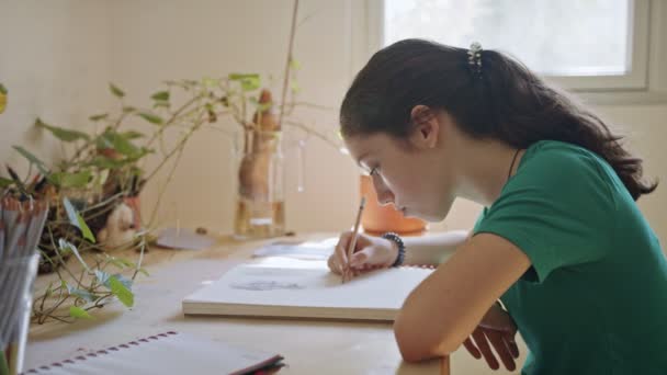 Tonårskonstnären sitter och ritar i en skissbok i sitt rum — Stockvideo