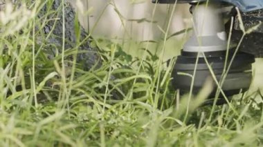 Bahçede yabani ot ve ot kesen bir tel budayıcının yavaş hareketi