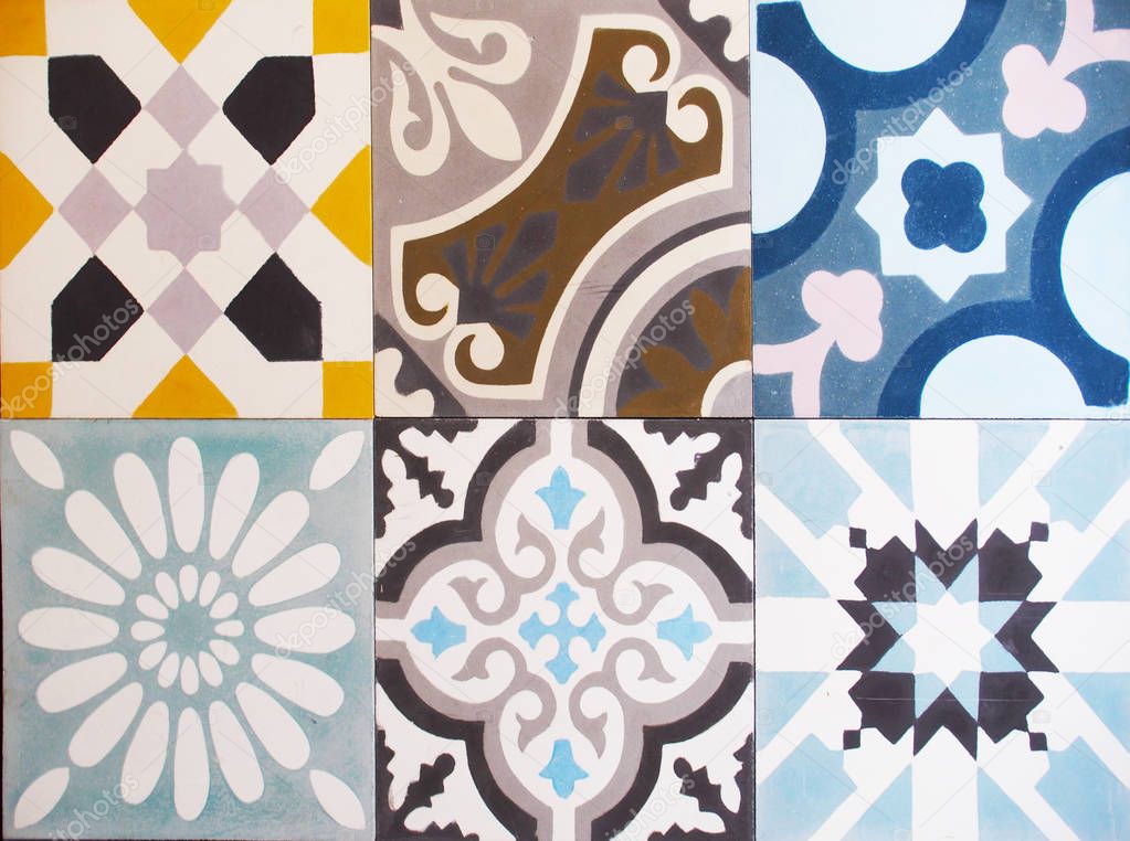 Detail of the traditional tiles from facade of old house. Decorative tiles.Valencian traditional tiles. Floral ornament.