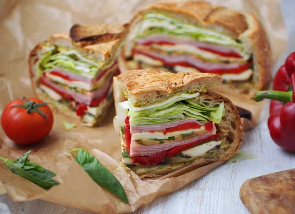 Mediterranean Pressed Picnic Sandwich with mozarella, grilled vegetables and ham