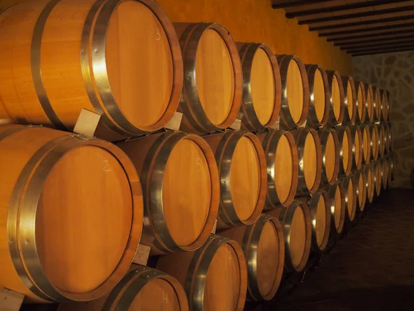 Old wine barrels in a wine cellar. Stacked up wine bottles in the cellar, dusty but tasty.