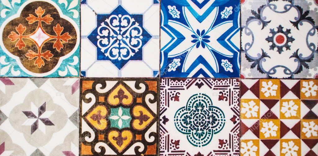 Detail of the traditional tiles from facade of old house. Decorative tiles.Valencian traditional tiles. Floral ornament.