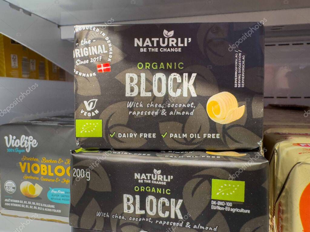 Naturli organic block vegan butter alternative in store fridge.