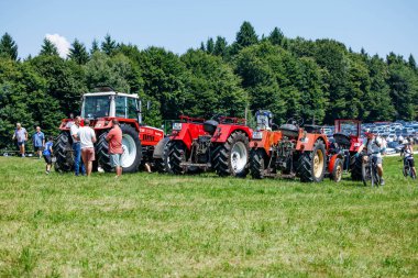 Ossiacher Tauern, Avusturya - 10 Ağustos 2025: Rindfleischfest turistlerin güneşli günün keyfini çıkardıkları canlı yeşil bir alanda sergilenen vintage traktörlere sahiptir