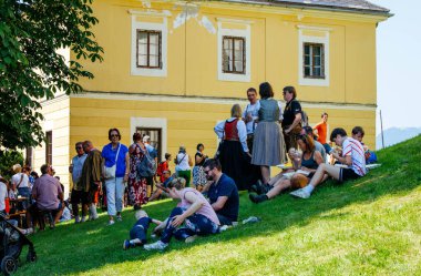 Ossiacher Tauern, Avusturya - 10 Ağustos 2025: Rindfleischfest, tarihi sarı bina yakınlarındaki çimlerin üzerinde toplanarak kültürel gelenekleri ve cemaati kutladı