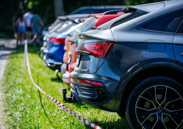 Ossiacher Tauern, Avusturya - 10 Ağustos 2025: Gri SUV Rindfleischfest 'e park edilmiş, arka planda renkli arabalar ve etkinliğin tadını çıkaran insanlar