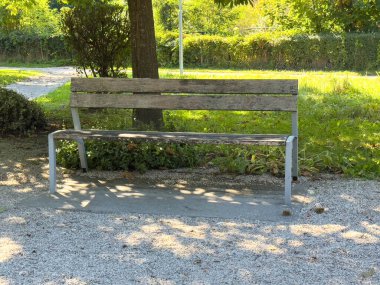 Güneşli bahçedeki boş ahşap bankta ağaçlar ve yürüyüş yolları..