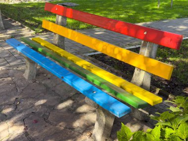 Canlı çok renkli park bankı yemyeşil taştan yolda.