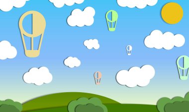 Balonlar kağıttan yapılmış çayırlar üzerinde gökyüzünde