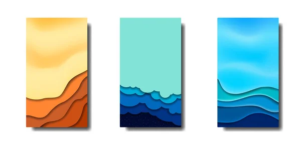 Комплект из трех фонов - пустыня, небо, океан на белом фоне — стоковый вектор