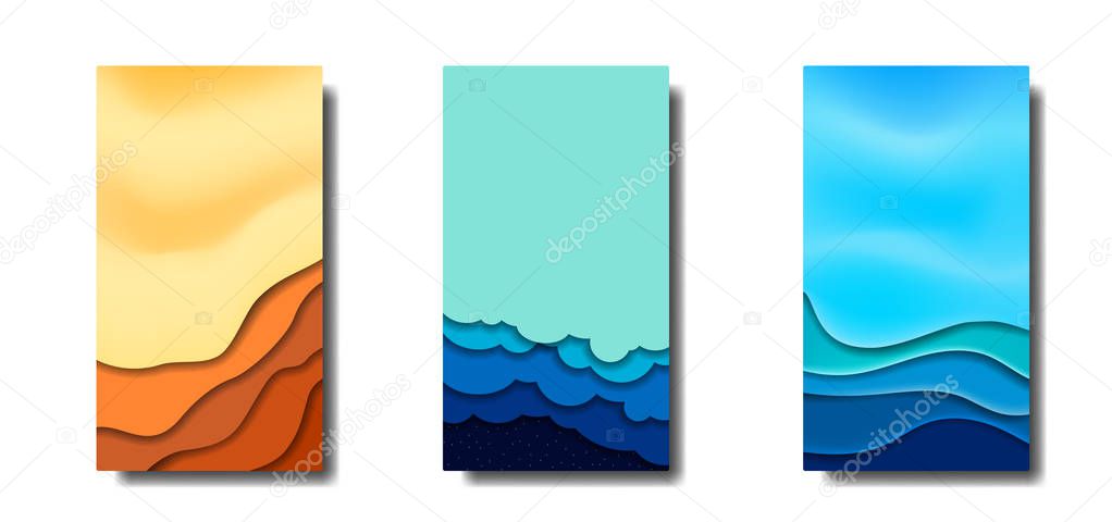 Set of three background - desert, sky, ocean on white backdrop