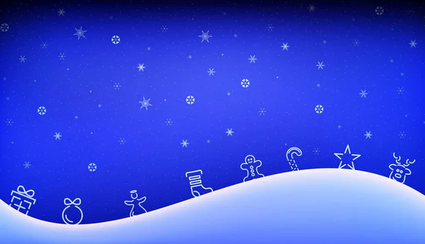 Noel arkaplanı mavi renkte, kar tepesinde oyuncaklar büyük ve küçük kar taneleri arkaplanda.