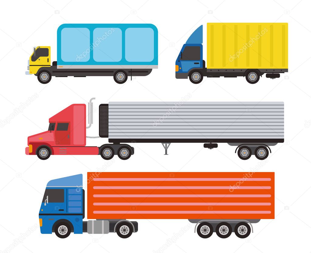 Trucks set on white. Side view. Cargo transportation. Flat style icons and illustrations.