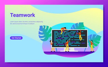 Modern açılış sayfası şablonu ve programlama, web geliştirme ve tasarım mock-up. JS, html, php ve css bilgisayar dilleri, programcılar ile bilgisayar perde. Düz ekip çalışması vektör çizim