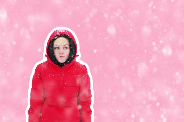 Collage in magazine style with colorful emotional fashion crazy hipster girl. A young woman in a red jacket stands on pink background during a snowfall, she froze. Trendy Discount sales concept banner