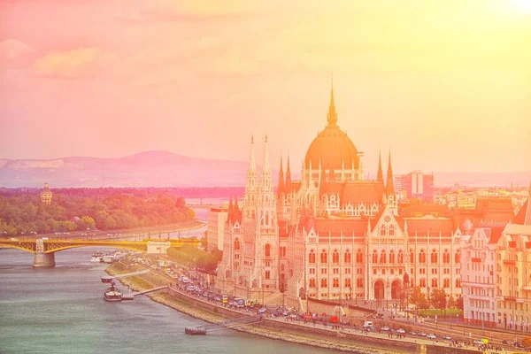 A landscape view of Budapest city at daytime, the Hungarian parliament building and other buildings along Danube river, Hungary. One of the most beautiful building in the Hungarian capital.