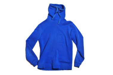 Beyaz backgrond izole mavi uzun boyunlu kazak. Kazak, şablon ve baskı için mockup tasarım. Hype moda dergisi fotoğraf kentsel tarzı.