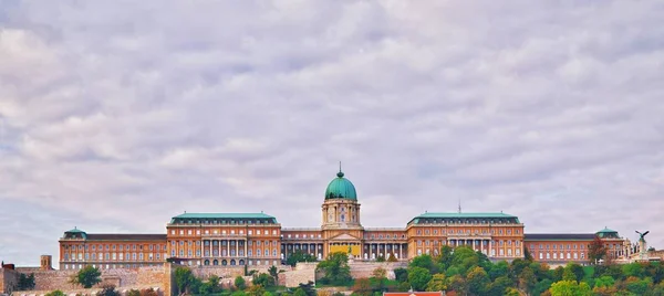ドナウ川のブダ城の王宮の丘の上からの眺め。朝時のブダペスト ロイヤル キング城と宮殿の複雑なスカイライン。ハンガリー ヨーロッパ建築の有名なランドマーク歴史的部分都市 — ストック写真