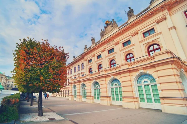 Österreich, Wien, Albrechtsplatz: Frontansicht des weltberühmten albertina museum palais palais in der Innenstadt der österreichischen Hauptstadt mit blauem Himmel und Herbstblätterbaum - Konzept Reisegeschichte Kunst — Stockfoto