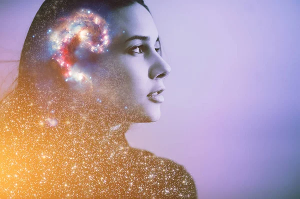 Double multiply exposure abstract portrait of a dreamer cute young woman face with galaxy universe space inside head. Spirit cosmos astronomy life zen concept Elements of this image furnished by NASA — Stock Photo, Image
