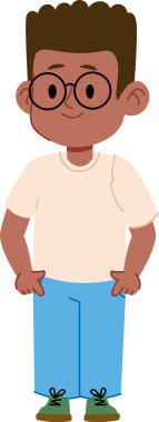 Gözlüklü genç bir çocuk, karikatür tarzında çizilmiş sıradan bir kıyafetle rahatça ayakta duruyor. Çocuk basit bir gömlek ve pantolon giyiyor, dostane bir tavır sergiliyor. Çizgi film vektör illüstrasyonu.