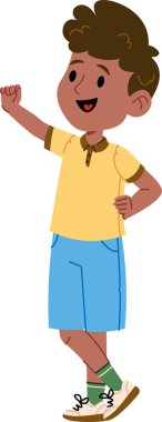 Sıradan giyinmiş neşeli bir çocuk tek kolu havada, çizgi film tarzında çizilmiş. Çocuk mutlu ve kendinden emin görünüyor, gömlek ve şort giyiyor. Çizgi film vektör illüstrasyonu.