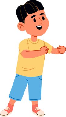 Kısa saçlı, t-shirt ve şort giyen, çizgi film tarzında çizilmiş genç bir çocuk. Çocuk neşeli bir ifade ve hareketli bir duruşla ayakta duruyor. Çizgi film vektör illüstrasyonu.