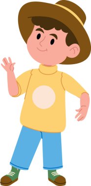 Geniş kenarlı bir şapka takan genç bir çocuk çizgi film tarzında neşeli bir şekilde dalgalanıyor. Çocuk arkadaşça bir ifade ve oyuncu bir pozla tasvir edilir. Çizgi film vektör illüstrasyonu.