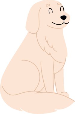 Mutlu bir köpek çizgi film tarzında gülümseyen bir ifadeyle oturur. Resimde basit çizgileri ve dostane tavırları olan neşeli bir köpek tasvir ediliyor. Çizgi film vektör illüstrasyonu.