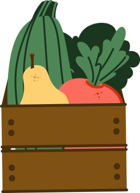 Düz bir tarzda kabak, armut, elma ve yapraklı yeşilliklerle dolu tahta bir sandık. Sebzeler ve meyveler kırsal bir kutuda düzgünce düzenlenir. Çizgi film vektör illüstrasyonu.