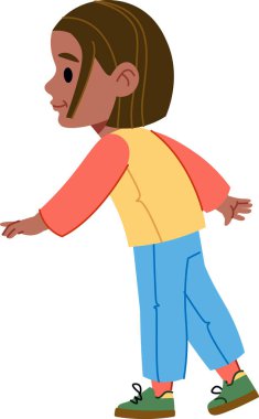 Kısa saçlı genç bir çocuk düz bir şekilde çizilmiş, oyuncu bir duruşla öne doğru eğilir. Çocuk gündelik kıyafetler giyiyor ve elini uzatıyor gibi görünüyor. Çizgi film vektör illüstrasyonu.