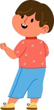 Neşeli bir yüzü olan, desenli gömlek ve şort giyen genç bir çocuk. Çocuk neşeli bir tavır ve günlük kıyafetle tasvir edilir. Çizgi film vektör illüstrasyonu.