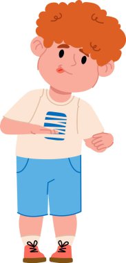 Kıvırcık kızıl saçlı genç bir çocuk düz çizgi film tarzında çizilmiş düşünceli bir poz veriyor. Çocuk çizgili bir gömlek ve mavi bir şort giyiyor, meraklı görünüyor. Çizgi film vektör illüstrasyonu.