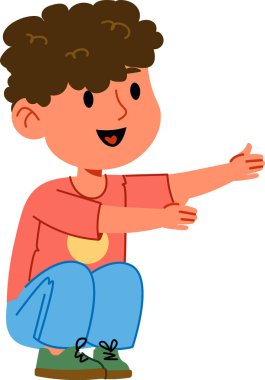 Kıvırcık saçlı, oturan ve kollarını uzatan bir çocuk. Hoş geldin jesti, düz çizgi film tarzında çizilmiş. Çocuk gündelik kıyafetler giyiyor ve sıcak bir şekilde gülümsüyor. Çizgi film vektör illüstrasyonu.