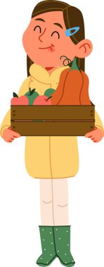 Sarı ceketli bir kız çizgi film tarzında sebze dolu ahşap bir sepet tutuyor. Resimde, elinde bir sandık ürün olan gülümseyen bir çocuk resmediliyor. Çizgi film vektör illüstrasyonu.