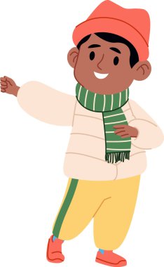 Çizgi film tarzında çizilmiş, ceketli, eşarplı ve şapkalı gülümseyen bir çocuk. Çocuk neşeli bir ifadeyle samimi bir kış kıyafeti giyiyor. Çizgi film vektör illüstrasyonu.