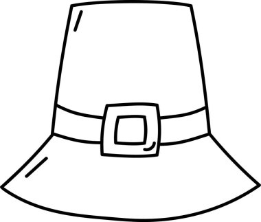 Cesur bir taslak çizilmiş tokalı bir hacı şapkası. Şapka, basit bir tasarımda geniş bir kenar ve kare bir toka içerir. Çizgi film vektör illüstrasyonu.