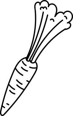 Detaylı yaprakları elle çizilmiş bir havuç. İllüstrasyonda kalın çizgiler kullanan yapraklı bir sebze kökü tasvir ediliyor. Çizgi film vektör illüstrasyonu.