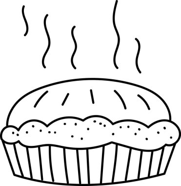 Basit bir çizim tarzında kıtır kıtır olmuş dumanlı bir turta. Turta buhar yayıyor, elle çizilmiş bir estetik sergiliyor. Çizgi film vektör illüstrasyonu.