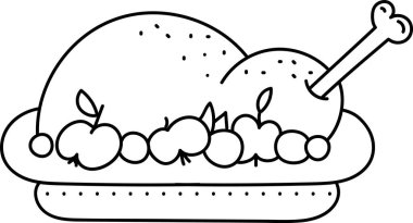 Tabakta elmalarla çevrili kızarmış bir hindi ve sanat eseri. Tabakta tek renkli bir resimde meyve aksanlı bir kuş var. Çizgi film vektör illüstrasyonu.