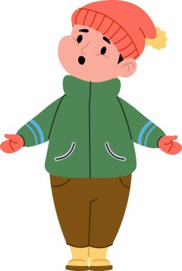 Kışlık palto, şapka ve eldiven giyen bir çocuk. Genç adam bir bere ve eldiven ile sıcacık giyinmiş. Çizgi film vektör illüstrasyonu.