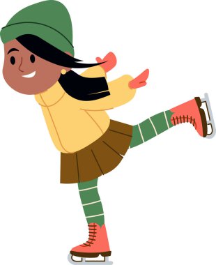 Tek bacağı havada buz pateni yapan, düz bir şekilde tasvir edilmiş bir kız. Genç patenci bir ayak üzerinde zarif bir şekilde dengede duruyor, şapka ve eldiven takıyor. Çizgi film vektör illüstrasyonu.