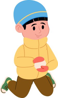Sıkı bir ceket giyen ve şapkalı bir çocuk çizgi film tarzında bir kartopu tutuyor. Genç çocuk oyuncu bir ifadeyle diz çökerken tasvir edilir. Çizgi film vektör illüstrasyonu.