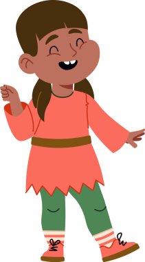 Uzun saçlı, gülümseyen bir çocuk çizgi film tarzında dans eder. Karakter, neşe veren bir tunik ve çizgili çorap giyiyor. Çizgi film vektör illüstrasyonu.