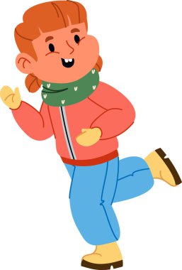 Örgülü neşeli bir çocuk, çizgi film tarzında ceket ve atkı takarak enerjik bir şekilde koşar. Mutlu ifade ve dinamik duruş neşe ve hareket iletir. Çizgi film vektör illüstrasyonu.